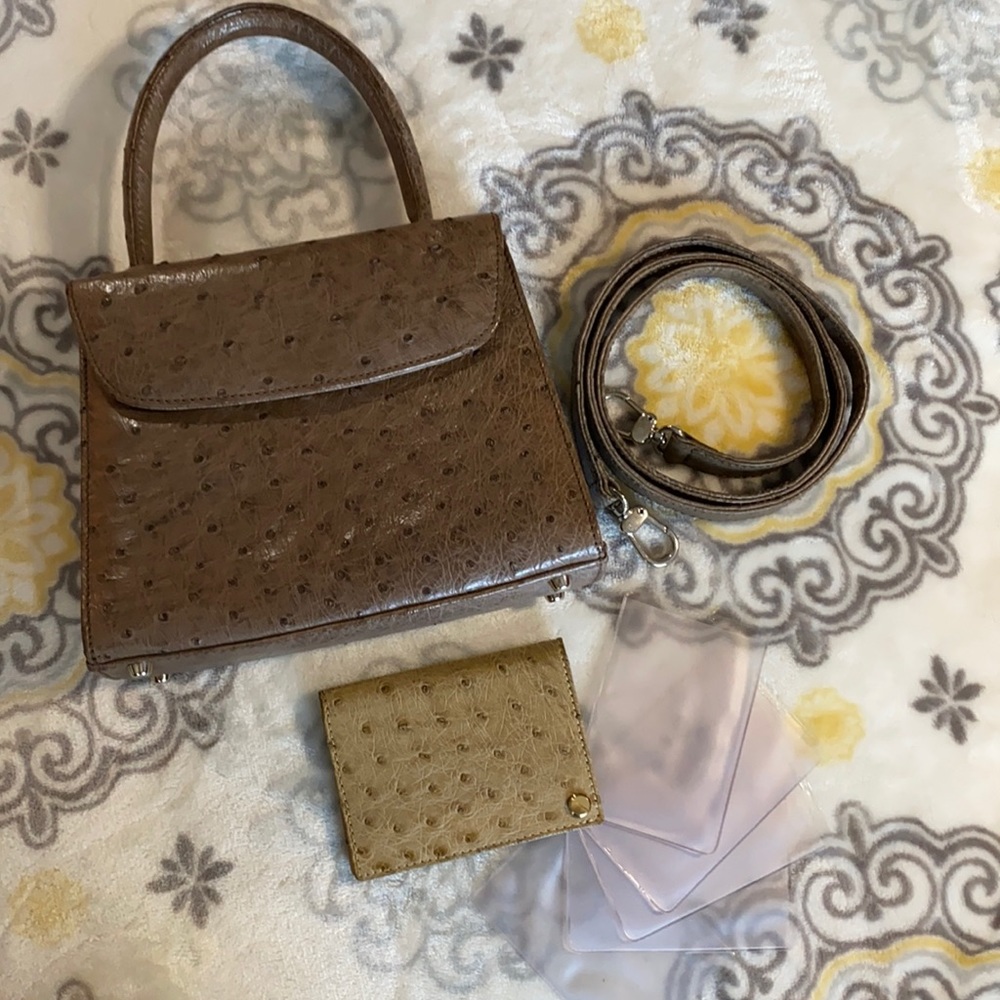 Ostrich leather small handbag and card holder.